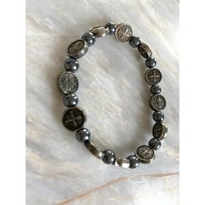 Saint Benedict Medal Hematite Bead‎ Stretch Bracelet Silver Gunmetal Religious